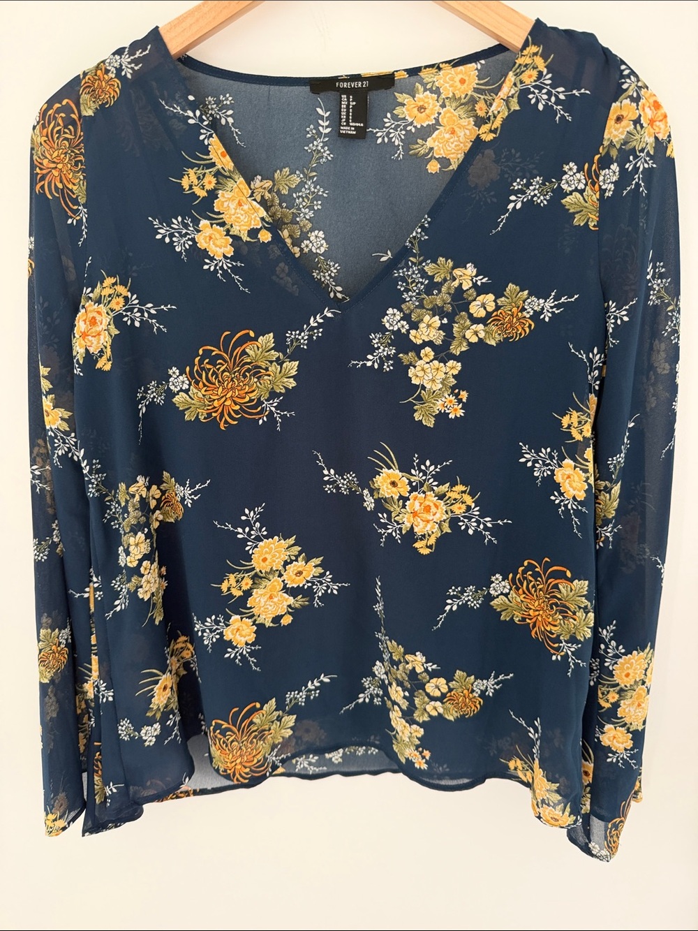 Forever 21 Navy Floral V-Neck Sheer Blouse with Yellow Accents Size Small